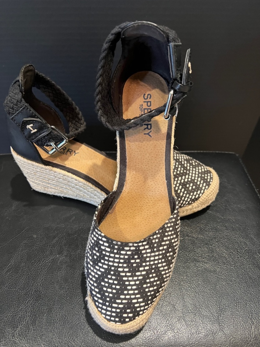 Sperry Black and White Woven Espadrille Wedge Sandals